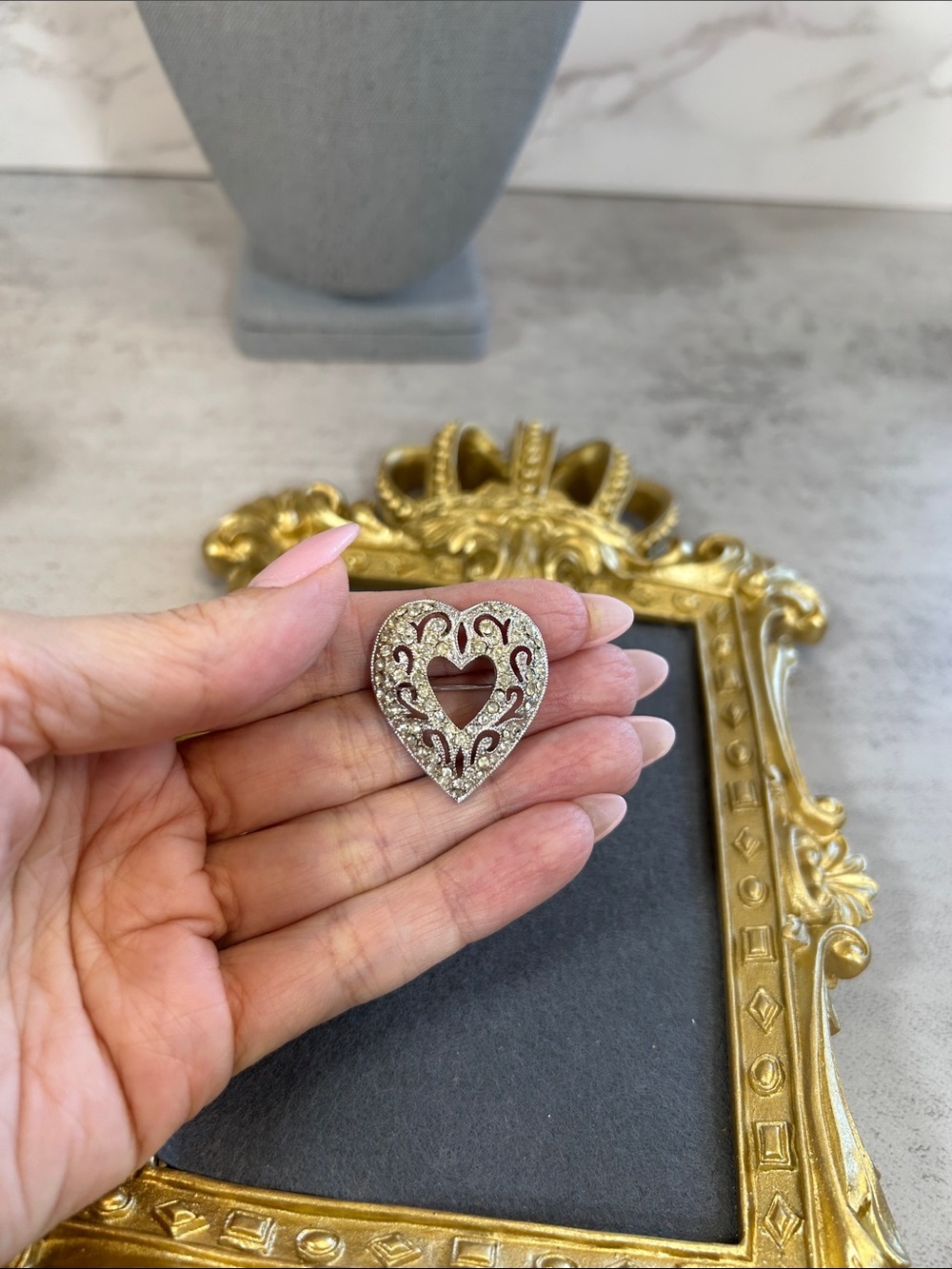 Vintage Silver Heart Brooch with Clear Crystals